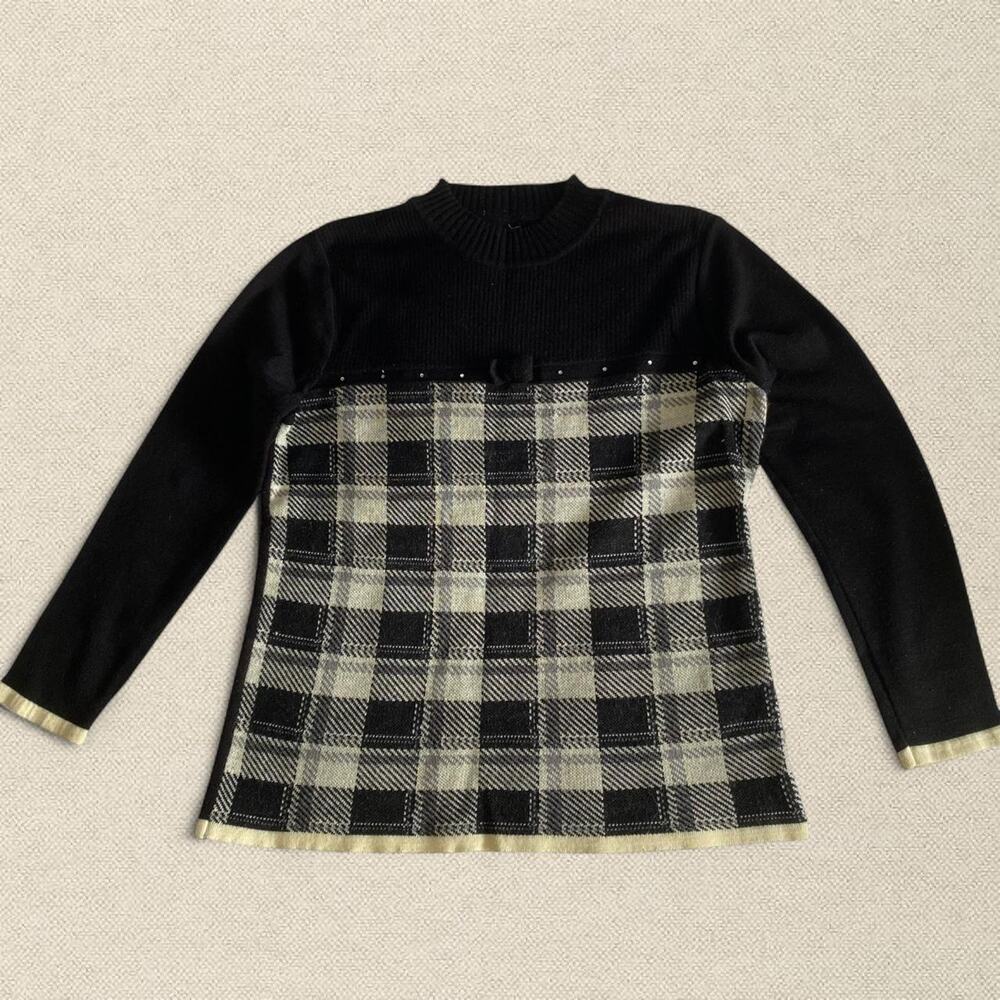 Japanese Tartan Plaid Sweater Rhinestones Bow Black Cream sz S/M